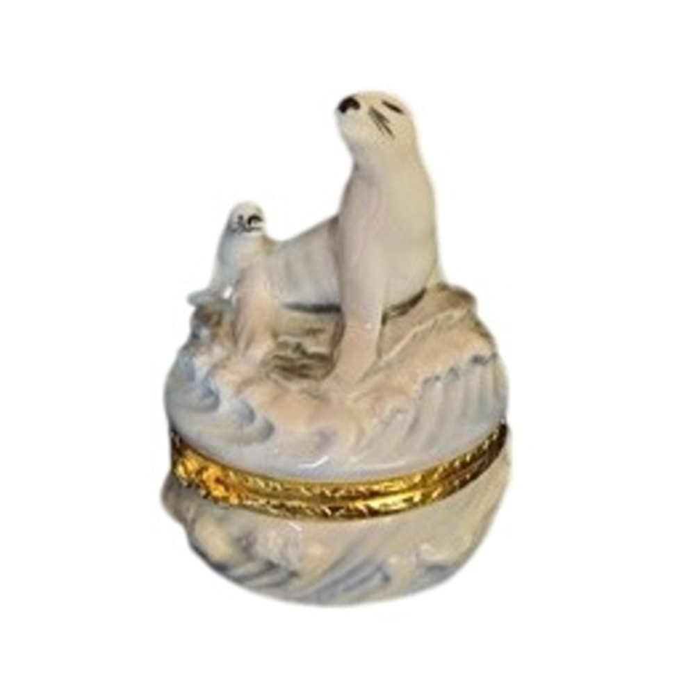1998 Geo. Z Lefton Mom & Baby Seal Porcelain Hinge Trinket Box #11975